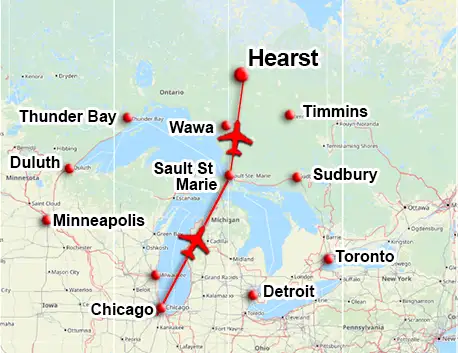 Charter flight route to Hearst Ontario